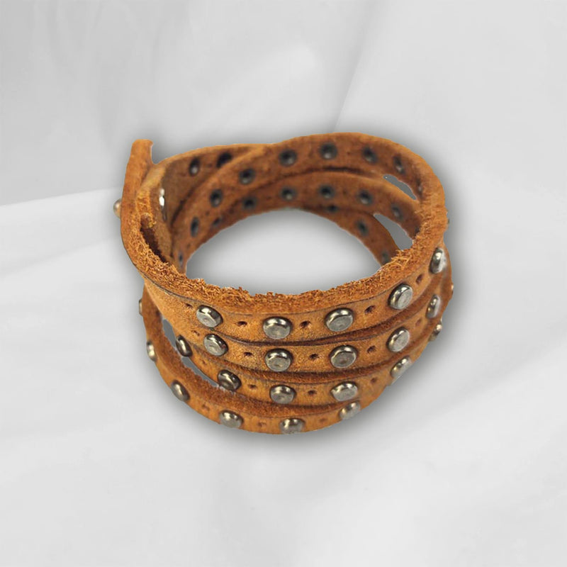 "Two Strips Double" LEATHER BRACELET WITH STUDS Natural Cognac