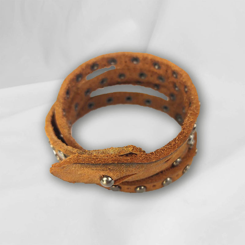 "Two Strips Double" LEATHER BRACELET WITH STUDS Natural Cognac