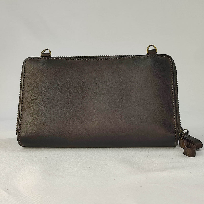 Dark Brown Cape Dyed Wallet Clutch Bag with detachable shoulder strap
