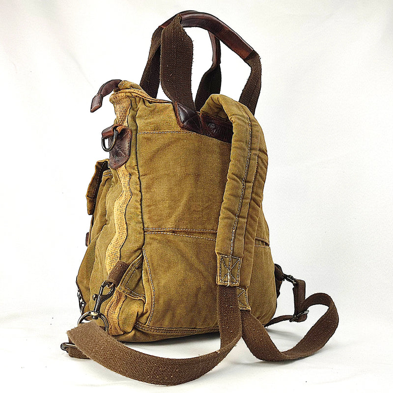 Pilot Bag Patches Garment Dyed Backpack and Shoulder Strap "Tote Pilot / BackPack Medium Size" Beige - Green with Lining