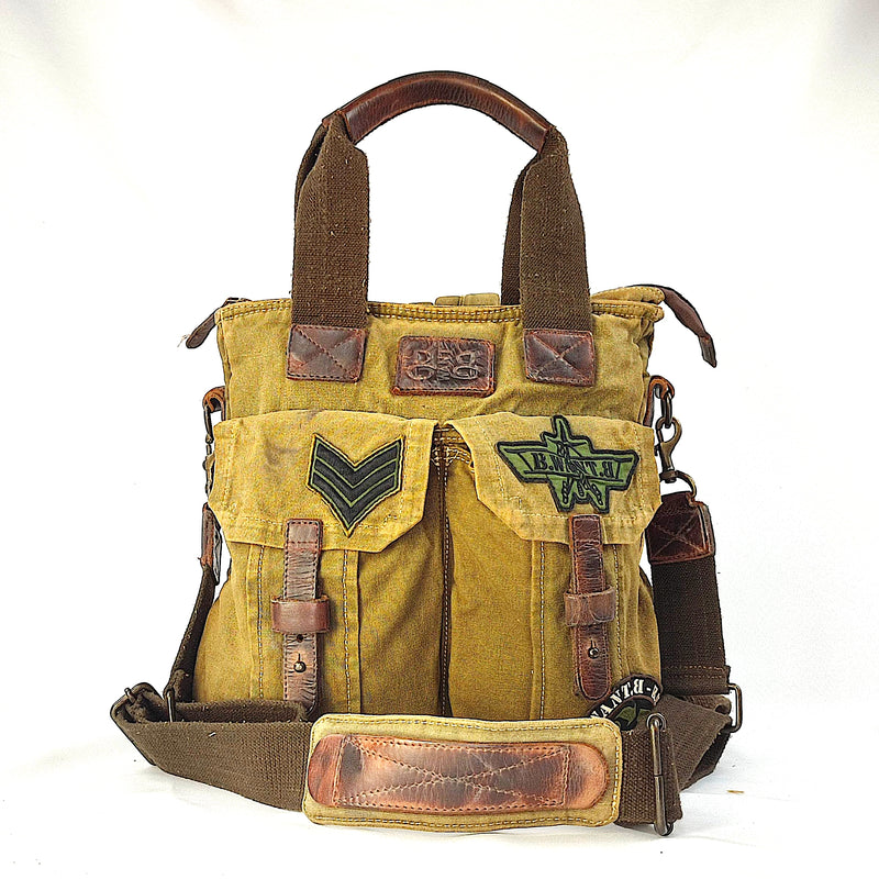 Pilot Bag Patches Garment Dyed Backpack and Shoulder Strap "Tote Pilot / BackPack Medium Size" Beige - Green with Lining