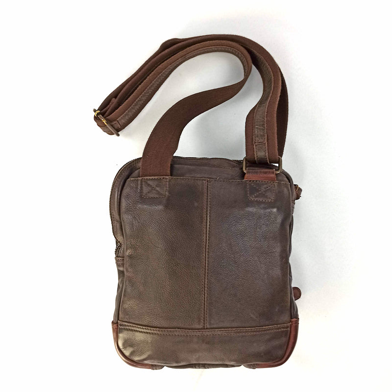 "Leather Flat Tablet CrossBody" shoulder strap with recycled truck tarpaulin details